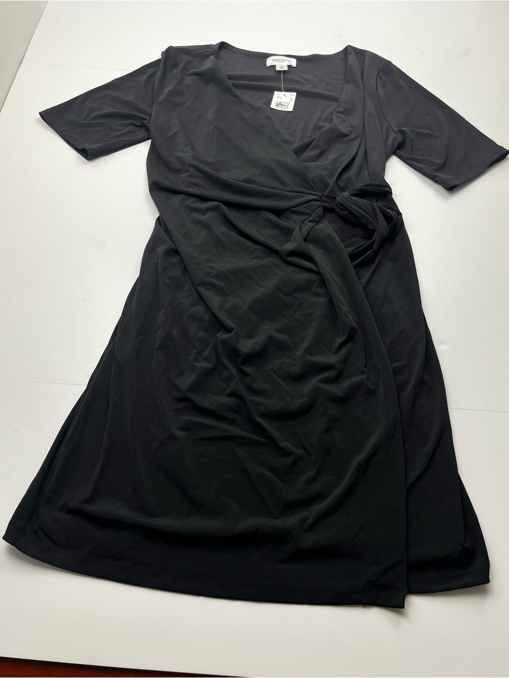Motherhood Maternity Black Wrap Midi Short Sleeve Dress Womens Large V-neck NEW